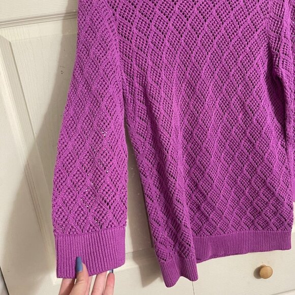 Ann Taylor LOFT Womens Purple 3/4 Sleeve Perforated Open Knit Sweater Large - Picture 3 of 5